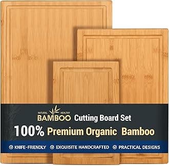 Hiware 3-piece Bamboo Cutting Boards for Kitchen, Heavy Duty Bamboo Cutting Board with Juice Groove, Wood Cutting Board Set for Meat, Vegetables