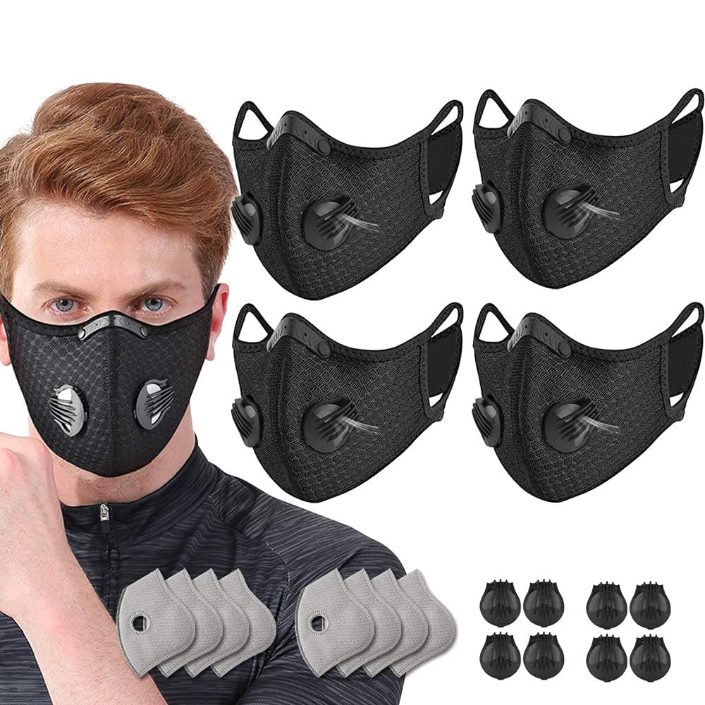 NBDIB 4 Pack Adjustable Reusable Face Protection with 8 Carbon Filters and 8 Valves for Cycling Sport Black