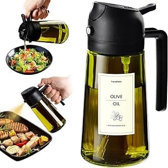 TrendPlain 470ml Olive Oil Spray Bottle - 2 in 1 Olive Oil Dispenser Bottle for Kitchen Accessories - Kitchen Gadgets, For Air Fryer - with Stickers, Light Blocking - Black