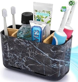 Marble Toothbrush Holders, 5 Slots Bamboo Toothbrush and Toothpaste Holder for Bathroom Counter with Drainage, Kids Electric Toothbrush Organizer, Black Toothbrush Holders for Bathrooms