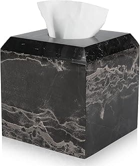 WORHE Tissue Box Cover Italy Natural Marble Heavy Duty Square Facial Toilet Paper Holder for Bathroom Living Room Bedroom Dresser Kitchen Minimalistic Office Home Decor Black (WH013)