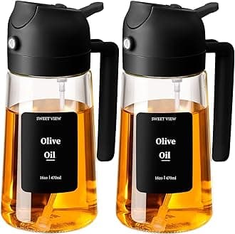 2PCS Oil Sprayer for Cooking, 16oz/470ml Glass Oil Dispenser/Pour Bottle, Kitchen Accessories, Kitchen Gadgets for Air Fryer, Salad, BBQ, with Stickers (Black,Black)
