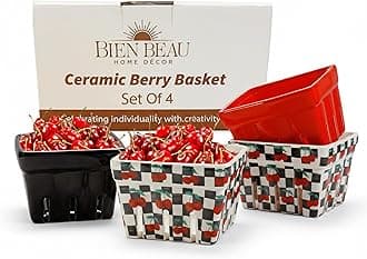 BIEN BEAU Ceramic Berry Basket -Checkered black and White with red Cherries pattern-Colander -Modern Kitchen Decor Fruit Bowls - Checkerboard Fruit Baskets, Farmer's Market Harvest Bowls Set of 4
