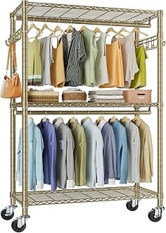 VIPEK R2 Plus Rolling Clothes Rack for Hanging Clothes Heavy Duty Garment Rack 3 Tiers Adjustable Wire Shelving Clothing Racks with Double Hanging Rods, Closet Organizers and Storage, Gold