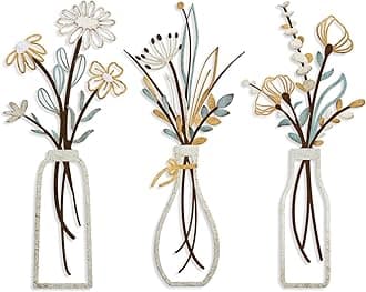 Pigort 3 Pieces Metal Flowers Wall Art- Rustic Farmhouse Decor Minimalist Decor for Living Room Bathroom Bedroom Dining Room, Housewarming Gifts Christmas Decoration(Beige, Vase-C)