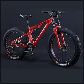 Mountain Bikes Men 26 Inch Adult Fat Tyre Mountain Bike with Full Suspension, High-carbon Steel Large Frame Dual Disc Brake Giant Bicycle,Red Spoke,21 Speed