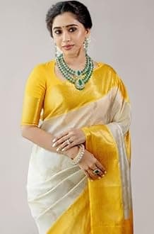 Flosive Women's Sun Yellow&White Golden Zari Shine Soft Kanjivaram Silk Wedding Saree