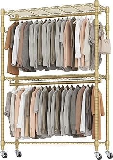 BATHWA Heavy Duty Garment Rack on Wheels, Rolling Clothes Racks for hanging clothes, Modern Closet Wardrobe Clothing Rack with 8 Side Hangers, Gold