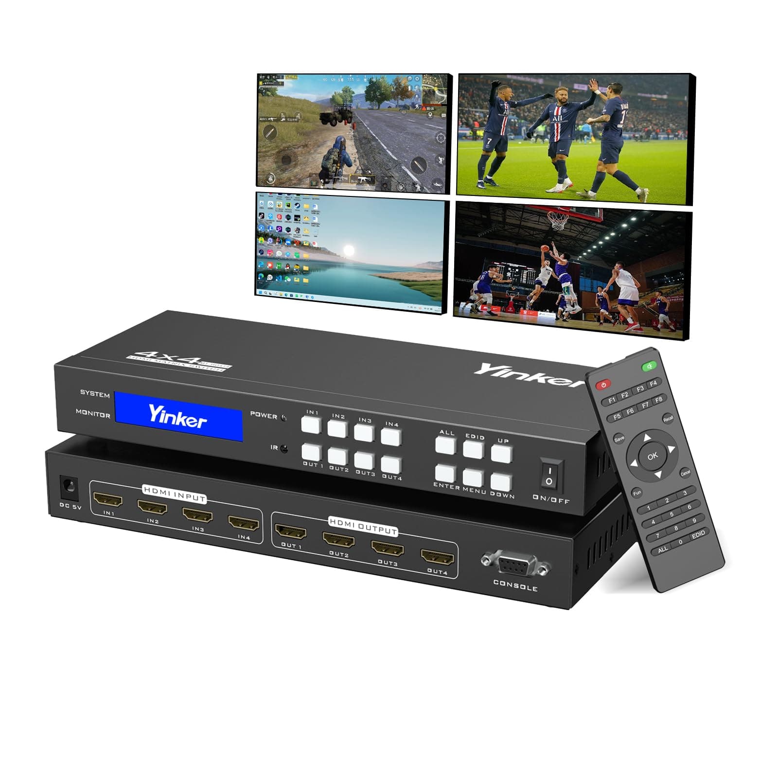 4x4 HDMI Matrix Switcher 4K@30Hz, 4 in 4 Out HDMI Splitter with 3.4G High Bandwidth Switching Chip, Supports RGB444 & YUV444, Button/IR Remote/RS232 Control, HDMI 1.4 HDCP & EDID Compliant