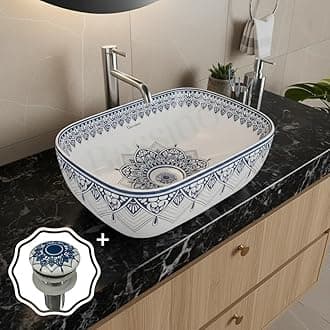 BASSINO 18x13x5.5 inches Moroccan Style Ceramic Wash Basin Blue & White/1 Year Glazing Warranty/Tabletop - Countertop Sink with Waste Coupling/Designer Vessel for Bathroom, Hotel, Restaurant(Glossy)