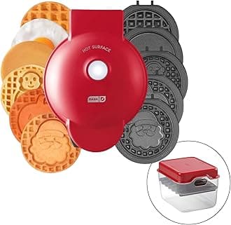 Multimaker with 7 Removable Plates: Waffle Iron & Griddle + 3 Themed Plates - Santa Pumpkin Snowman - Mini Waffle for Halloween and Christmas Holidays - for Kids and Families (Red)