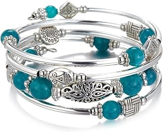 Layered Wrap Bangle Turquoise Bracelet - Bead Bracelet with Natural Agate Stone, Gifts For Women