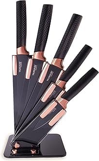 Knife Set,5 Piece Kitchen Knife Set with Sheath,Stainless Steel Sharp Professional Matte Black Titanium Plated Chef Knives Set Scratch Resistant and Rust Proof for Home Kitchen and Restaurant