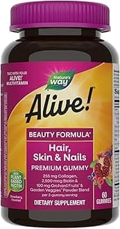 Nature's Way Alive! Hair, Skin & Nails Premium Gummies, Beauty Formula*, with Collagen, Biotin, Vitamins C & E, Strawberry Flavored, 60 Gummies