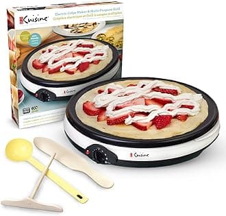 Euro Cuisine CM20 Electric Crepe Maker, 12 Inch Ceramic Non-stick Pan (PTFE PFOA Free), Adjustable Temperature Setting, Also Makes Roti, Dosa, Pancakes, Includes Batter Spreader, Turner and Ladle