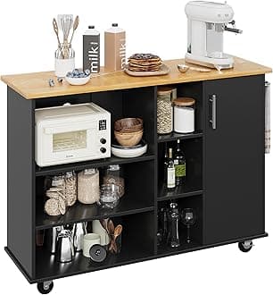 Shintenchi 47”W Kitchen Storage Island Cart with 6 Open Shelves and 1 Cabinet, Portable Trolley Cart with Wood Work Top and Handle/Towel Rack, Black