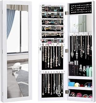 Giantex Wall Mounted Jewelry Cabinet with Full Length Mirror, Over The Door Jewelry Armoire Organizer with Large Storage, Makeup Mirror & Velvet Lining (White)