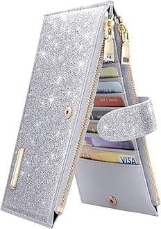Womens RFID Blocking Glitter Wallet Multi Card Organizer Bifold Wallet for Women with Zipper Pocket,Silver