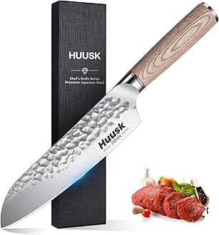 Huusk Japan Knife 7-Inch Santoku Chef Knife Professional Hand Forged High Carbon Steel Kitchen Knives, Japanese Santoku Knives for Meat Vegetables - Wood Handle, Father's Day Christmas Gift Men Women