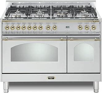 Lofra DolceVita Series 48 Inch Range Freestanding Dual Fuel Double Oven Stove, Cooktop 7 Sealed Brass Burners, Convection, 9 Cooking Modes, Stainless Steel, Knobs and Handrail In Brass