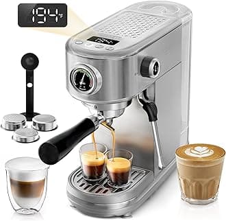 H10B - Professional Espresso Machine - Cappuccino Maker with Milk Frother, Adjustable Temperature & Cup Volume, with Display, Pressure Gauge & Stainless Steel Body