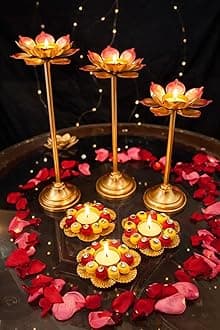 AGAAS ENTERPRISES Beautiful Set Of 3 Metal Long Lotus Style Tealight Candle Holder/Tlight Holder For Home Decoration/Table Decoration Diwali Decor Corporate Gift Item, Gold