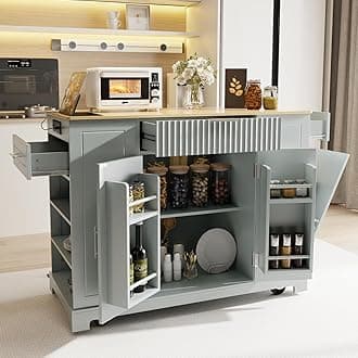 Rovibek Rolling Kichen Island on Wheels with Power Outlet, Portable Kitchen Island Cart with Trash Can Storage for 10 Gallon Grey Blue