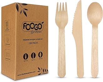 FOOGO Green 150 Pieces Disposable Wooden Cutlery Set, 50 x Forks, 50 x Spoons, 50 x Knives, 16 cm, Biodegradable, Compostable, Eco-Friendly Cutlery Set, Party Picnic