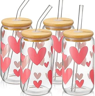 DWTS DANWEITESI Glass Cups with Lids and Straws with Design Pink Hearts 4 pcs,Clear Glass Cups 16 oz-Glass Tumbler,Cute Glass Iced Coffee Cups with Lids and Straws