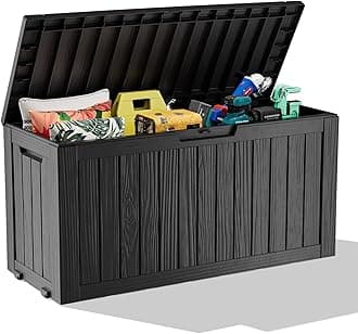 ROJIK Outdoor Storage Box with Wheels – 85 Gallon Mobile Waterproof Resin Deck Box, Lockable Storage for Patio Cushions, Garden Tools, Pool Accessories – UV-Resistant Storage Bench for Backyard & Deck