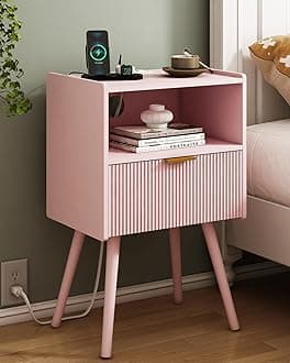 Nightstand with Oultlet,Modern Bedside Table with Storage Drawer and Open Wood Shelf, for Living Room, Bedroom and Small Spaces, Accent Night Stand with Solid Wood Legs, Easy Assembly,Pink