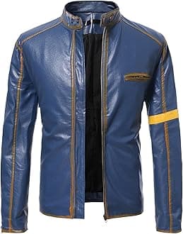 Men's Casual Jacket Striped Vintage Pilot Jacket Full Zip with Chest Pocket Denim Jacket Steampunk Jacket Medieval Stand-Up Collar Faux Leather Jacket Men's Slim Fit, darkblue, M