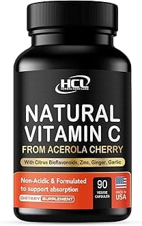 Natural Vitamin C from Organic Acerola Cherry - High Absorption - with Garlic Ginger & Citrus Bioflavonoids - Immune System & Collagen Booster - Anti Aging Skin Vitamins
