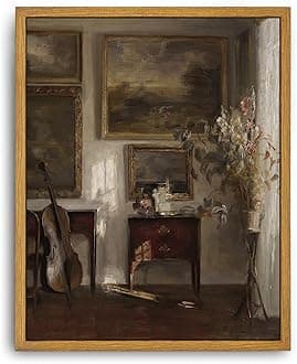 RoslynityFramed Canvas Wall Art Vintage Print Oil Paintings Moody Still Life Interior With Cello Sunshine Neutral Retro Aesthetic Artwork for Home Living Room Bathroom Wall Decor (8"x10")
