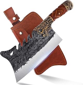 Cleaver Knife Meat Cutting Heavy Duty Bone Butcher Chopper Large Hand Forged Chinese Dragon Viking Cutter for Kitchen Outdoor with Sheath Birthday Father Mother Christmas Gift Men 8.6"