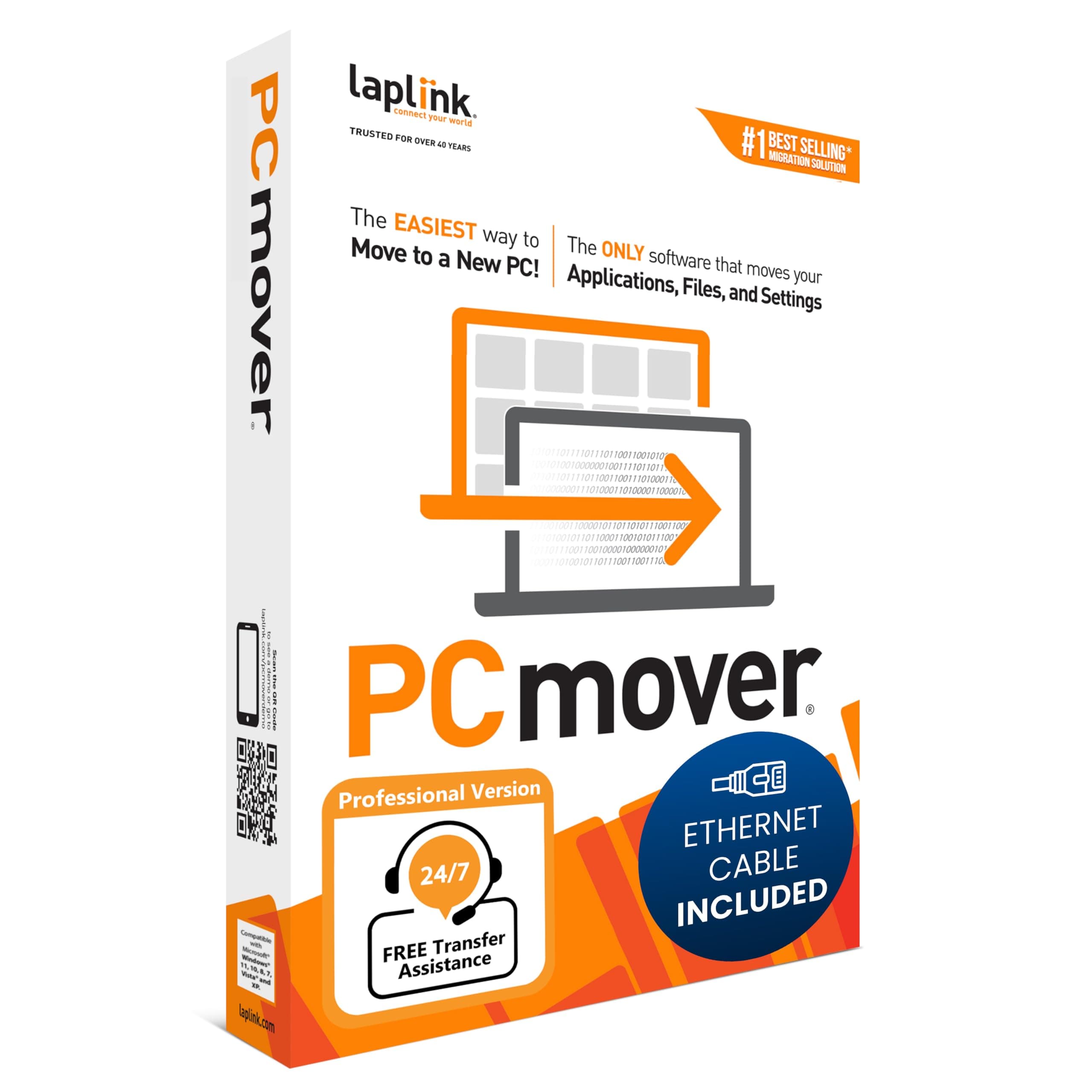 Laplink PCmover Professional 11 - Migration of your Applications, Files and Settings from an Old PC to a New PC - Data Transfer Software - Optional High Speed Ethernet Cable - 1 License