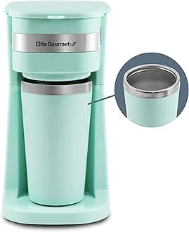 Elite Gourmet EHC117M Personal Single-Serve Compact Coffee Maker Brewer Includes 14Oz. Thermal Travel Mug with Stainless Steel Interior, Compatible with Coffee Grounds, Reusable Filter, Mint