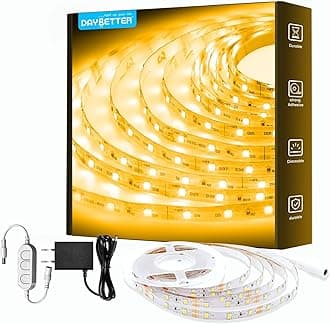 DAYBETTER Warm White LED Strip Light,16.4 ft Dimmable Bright Rope Light,3000K 12V LED Light Strip,Super Bright LED Tape Lights for Bedroom,Kitchen,Mirror,Home Decoration