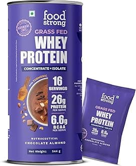 Whey Protein Powder (Concentrate + Isolate), 100% Hormone free Grass-fed Whey, 26g Protein & 6.6g BCAA, Daily Protein Chocolate Almond Flavour, With Turmeric & Digestive Enzymes, No Added