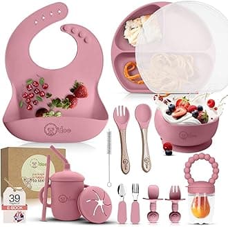O'doe 17-Piece Baby Weaning Set | Led Weaning Supplies for Toddlers | Silicone Feeding Set BPA-Free, Bowl, Self-Eating Utensils, Spoons, Bibs, Sippy Cup, Food Plate Kit With Lid | Pink V2