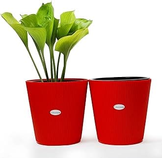 GREENON® 10 Inch Self Water Plant Pot Pack of 2 (4 pots) | Red Outer and Black Inner Plant Container | UnFadable Planter | Virgin Plastic Gamla | UV Treated | Suitable for Indoor and Balcony