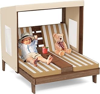 Costzon Kids Lounge Chair Outdoor, Wood Double Seat Chaise Lounge with Canopy, Cup Holders, Cushion, Backrest Recliner, Kids Patio Furniture, Gift for Boys Girls 3-8 Years Old