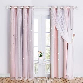NICETOWN Kids Blackout Curtains Voile - Eyelet Top Thermal Insulated Curtains Light Blocking Filter Window Star Curtain for Kids Girls Nursery Bedroom, Grey Pink, 2 Panels, W52 x L84 Inch (132x213 cm)