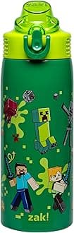 Minecraft Sage Kids Water Bottle For School or Travel, 19oz Stainless Steel Water Bottle With Straw, Handle, and Leak-Proof, Pop-Up Spout Cover (Steve, Alex, Mobs)