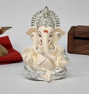 Gold Art India 999 Silver Plated Ganesh Idol for Car Dashboard God Ganesha Idol for Home Decor Ganpati for Gift Home Office Table Shelves Gifting 3.5 inches (Silver) (Silver Cherry Blossom), Idol