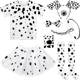 SOMSOC8 Pieces Halloween Girl Dalmatian Dog Costume Set Halloween T-shirt Knee Socks Headband Tail Tattoo Stickers