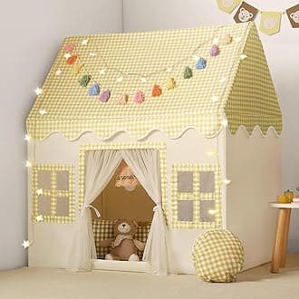 Senodeer Kids Play Tent Indoor: with Mat, Tassel Garland, Star Lights - Yellow Checkered Boys Tent Playhouse for Toddlers Kids Toys for Boy Girl Birthday Gift for Kids
