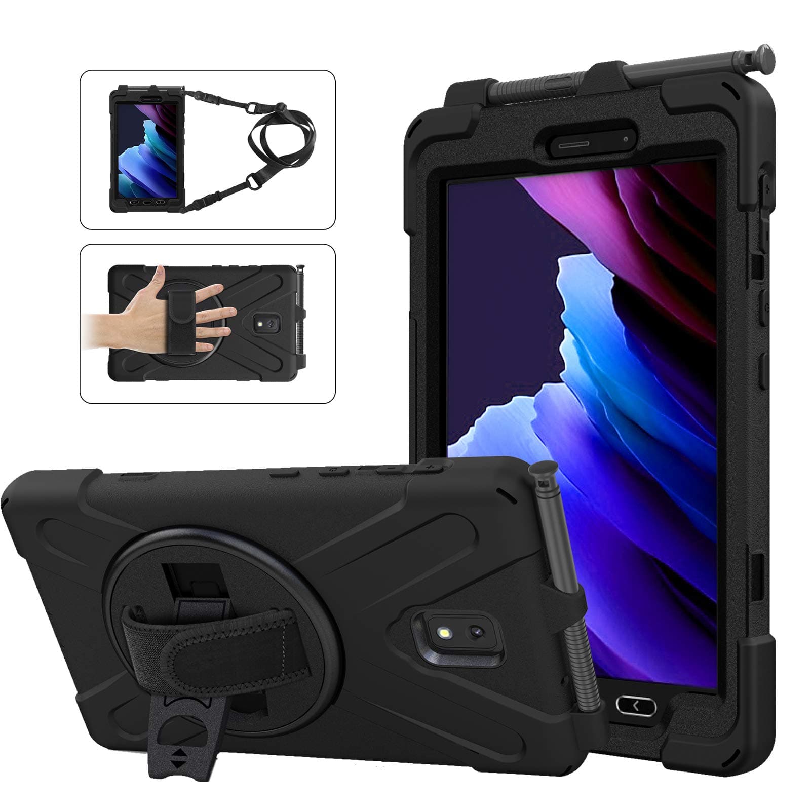 Samsung Galaxy Tab Active3/Active5 8.0 Case, with 360 Stand, Handle Hand Strap & Shoulder Strap for Samsung Galaxy Tab Active5 8" 2024, Active3 8" 2020 SM-X300/X307/T570/T577 (Black)