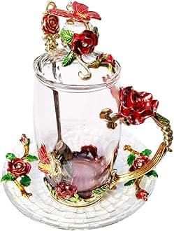 LANTREE Fancy Glass Tea Cup with Lid Saucer Spoon Flower Coffee Mug Unique Birthday Gift for Friend Female Mother-in-Low Daughter House Warming Gift(Tall Red)