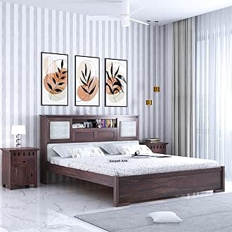 Ganpati Arts Solid Sheesham Wood Maharaja King Size Bed with Headboard Storage Wooden Double Bed Palang for Bedroom Home (Walnut Finish)